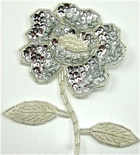 Flower Silver Sequins and Beads 4" x 3"