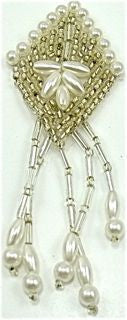Epaulet Diamond Shaped with Silver and White Beads 2" x 3"