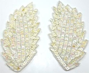 Leaf Pair with Cream Sequins with White Beads 5" x 2.5"