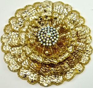 Flower with Three Layered Gold Sequins, Beads and AB Rhinestones 5.5"