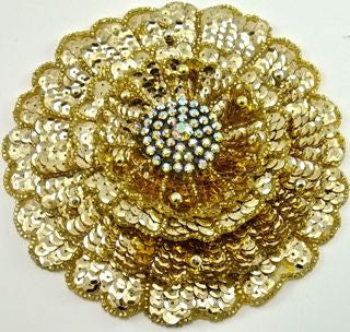 Flower with Three Layered Gold Sequins, Beads and AB Rhinestones 5.5