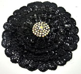 Flower Three Layered with Black Sequins Beads and AB Rhinestones 5.5"