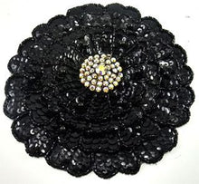 Load image into Gallery viewer, Flower Three Layered with Black Sequins Beads and AB Rhinestones 5.5&quot;
