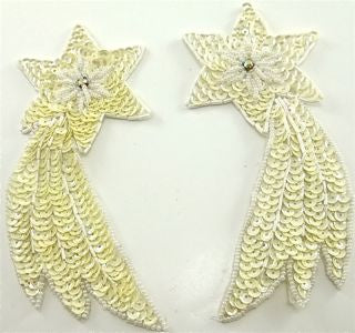 Shooting Star Pair with Cream Sequins and AB Rhinestone 5.5" x 3"