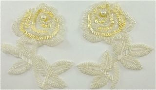 Flower Pair with Beige Sequins and Iridescent Beads 5" x 4.5"