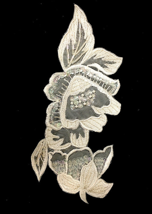 Flower with White Embroidery, Iridescent Sequins and Beads 8.5" x 3.5"