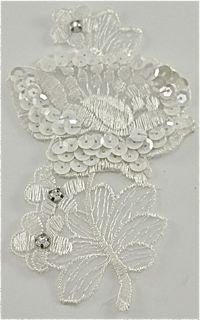 Flower with White Embroidery, China White Sequins and Rhinestones 6" x 3.5"