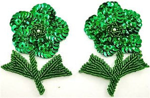 Flower Pair with Green Sequins and Beads 4" x 3"
