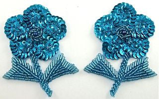 Flower Pair with Turquoise Sequin and Beads 4" x 3"