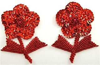 Flower Pair with Red Sequins and Beads 4" x 3"