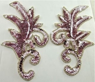 Leaf Pair with Lite Mauve Sequins with Mauve Beads 7" x 4"