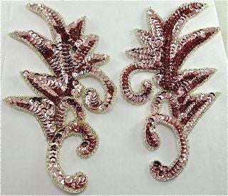 Leaf Pair with Pink Sequins and Silver Beads 7" x 4"