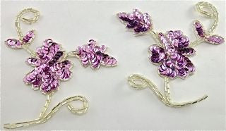 Flower Pair with Lite Purple Sequins Silver Beads 4.5"