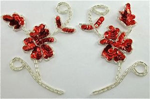 Flower Pair with Red Sequins and Silver Beads 4.5"
