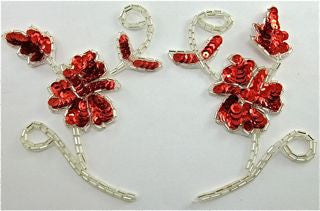 Flower Pair with Red Sequins and Silver Beads 4.5