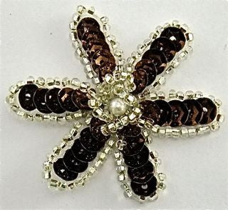 Flower with Six Petals Bronze Sequins andSilver Beads with a Pearl Center 2"