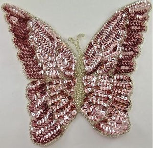 Butterfly with Pink Sequins and Silver Beads 8" x 7"