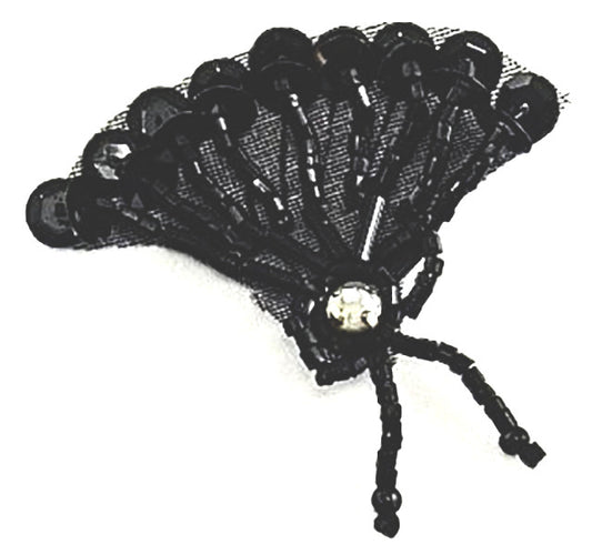 Fan with Black Sequins and Beads with AB Rhinestone 2" x 2"