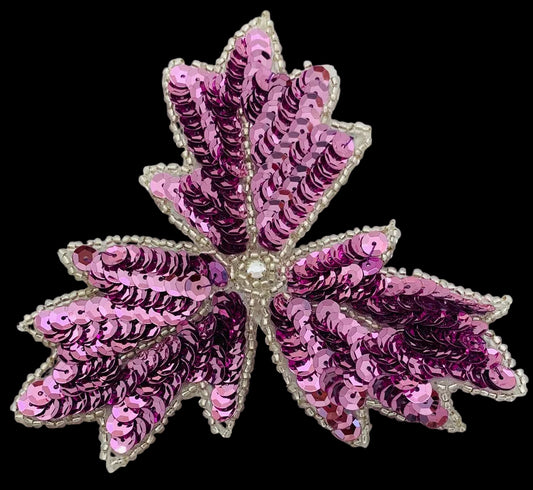 Leaf Pink Three Points with Sequins and Crystal Center 5" x 5"
