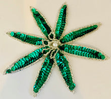 Load image into Gallery viewer, Flower with Green Sequins and Silver Beaded Trim with Pearl Center Two Styles 4&quot; x 4&quot;