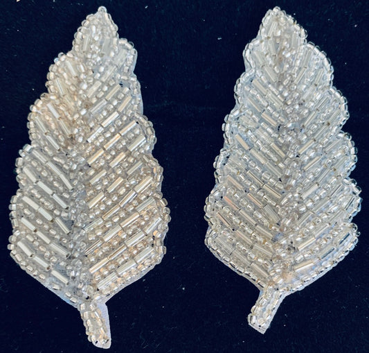 Leaf Pair Silver Sequins Silver Beads 3.5" x 2"
