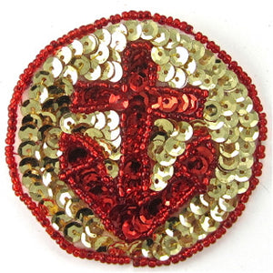 Anchor Patch with Red and Gold Sequins 2.5" - Sequinappliques.com