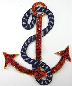 Anchor with Royal Blue and Silver Rope and Red Sequins 10" x 7.5" - Sequinappliques.com