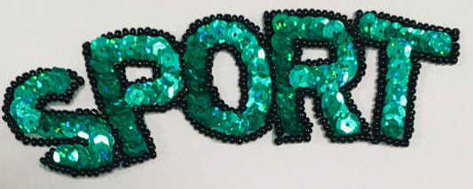 Sport, the word, Green Sequins Black bead Trim 1.5" x 5"