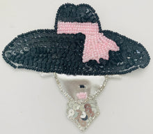 Load image into Gallery viewer, Hat Black with White and Pink Beaded Band and Satin and Iridescen Lady Face 3.5&quot; x 4&quot;