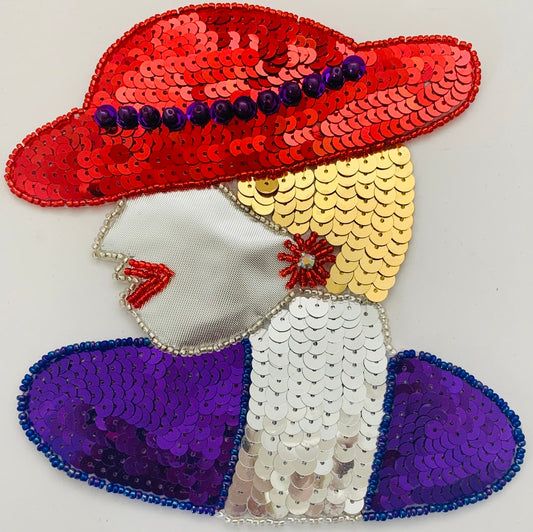 Lady with Red Hat - Purple, Gold, Red and Silver Sequins and Beads and Rhinestone Choice of Size 3.5" x 3" and 5.5" x 5.5"