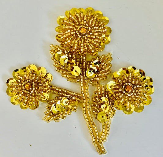 Flower with Gold sequins Silver Beads and Rhinestones 3.5" x 3.5"