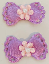 Load image into Gallery viewer, Flower on Bow Pair, Lavender Satin 1 3/8&quot; x 7/8&quot;