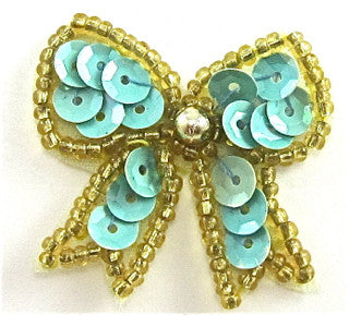 Bow Aqua marine Sequin with Gold Trim 1.5" x 1.5"