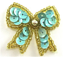 Load image into Gallery viewer, Bow Aqua marine Sequin with Gold Trim 1.5&quot; x 1.5&quot;