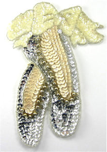 Ballet Slippers with Silver and Beige Sequins and Beads 5.5"x 4" - Sequinappliques.com