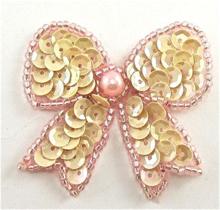 Bow with Pinkish Yellowish Sequins and Pink Beads 1.75" x 2"