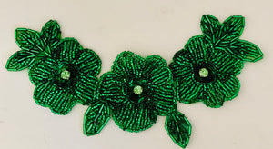 Triple Flower with Green Beads and Rhinestone 7.5" x 2.5"