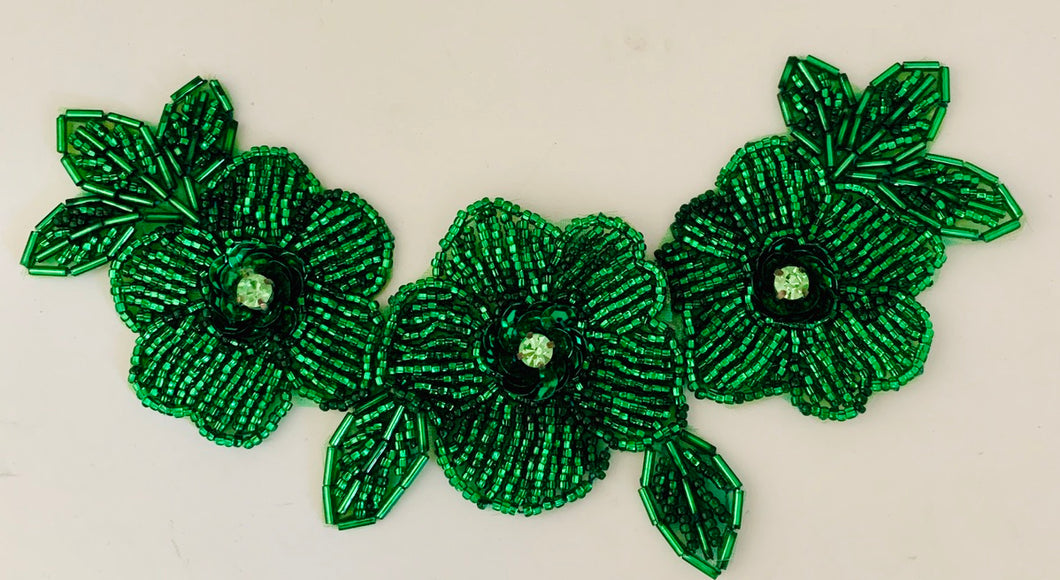 Triple Flower with Green Beads and Rhinestone 7.5