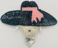 Hat Black with White and Pink Beaded Band and Satin and Iridescen Lady Face 3.5