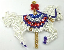 Load image into Gallery viewer, Carousel Horse White, Blue Red Sequin Beaded with Bow 7.5&quot; x 6&quot;