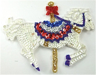 Carousel Horse White, Blue Red Sequin Beaded with Bow 7.5