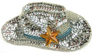 Cowboy Hat with Silver Sequins and Beads, Turquoise Beaded Band and Bronze Acrylic Star 2" x 3.5"
