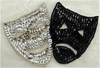Tragedy and Comedy Masks Appliqué  Black and Silver Sequins and Beads 5.5" x 3.5"