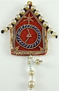 Clock Red with Bullion Thread and White Beads, 3.25" X 2"