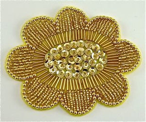 Flower with Gold Beads and Sequin Center 4" x 3"