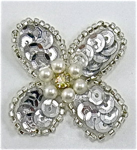 Flower with Silver Sequins and Beads and Pearl with Rhinestone 1.5" x 1.5"