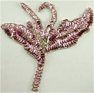 SEQUIN PINK FLOWER WITH SILVER BEADED TRIM, 7" X 6".