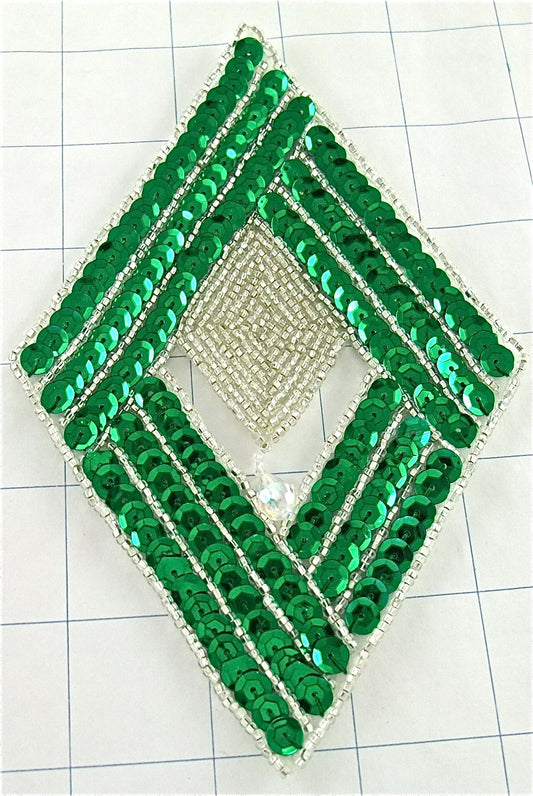 Designer Motif Diamond Applique with Green Sequins, Silver Beads and Dangled Clear Acrylic Stone 6" x 4"