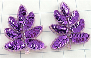 Leaf Pair with Purple Sequins Lite Purple Beads 2.5" x 2"