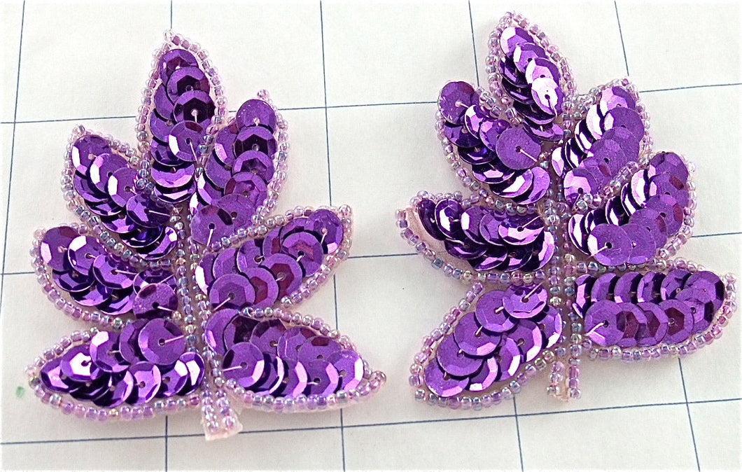 Leaf Pair with Purple Sequins Lite Purple Beads 2.5